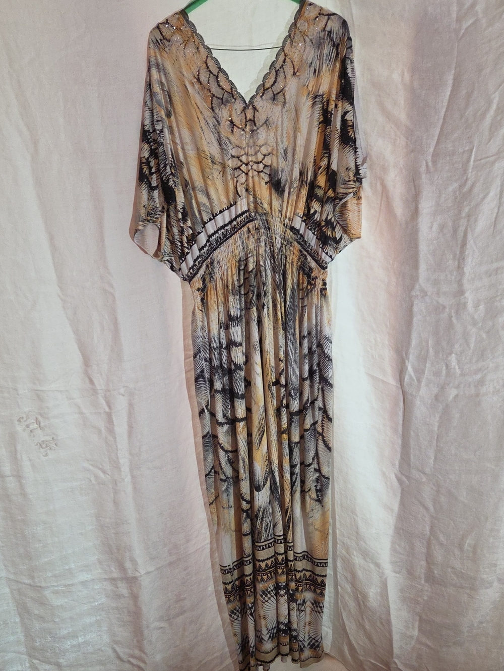 ONE WORLD V-Neck Patterned Maxi Dress in Beige and Black